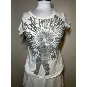 Vintage edc by Esprit Womens baby Tee White Distressed Gray Print Scoop Neck